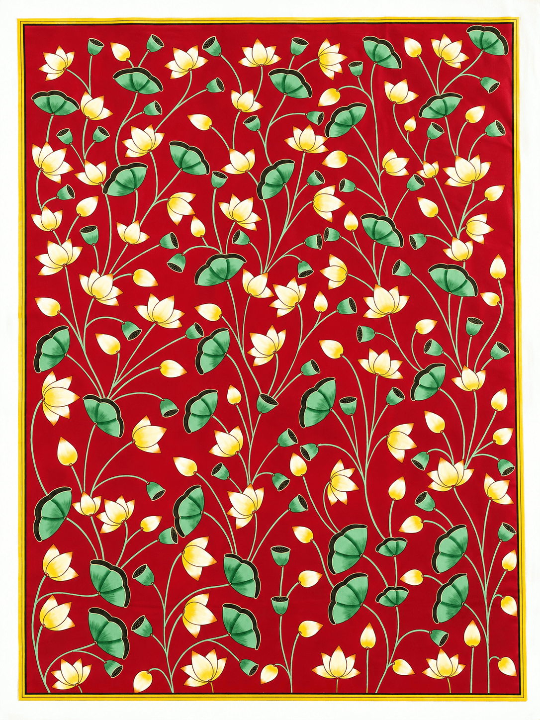 Handmade Lotus Pichwai Painting – Red Background, Natural Colors on Cotton (3x4 ft)